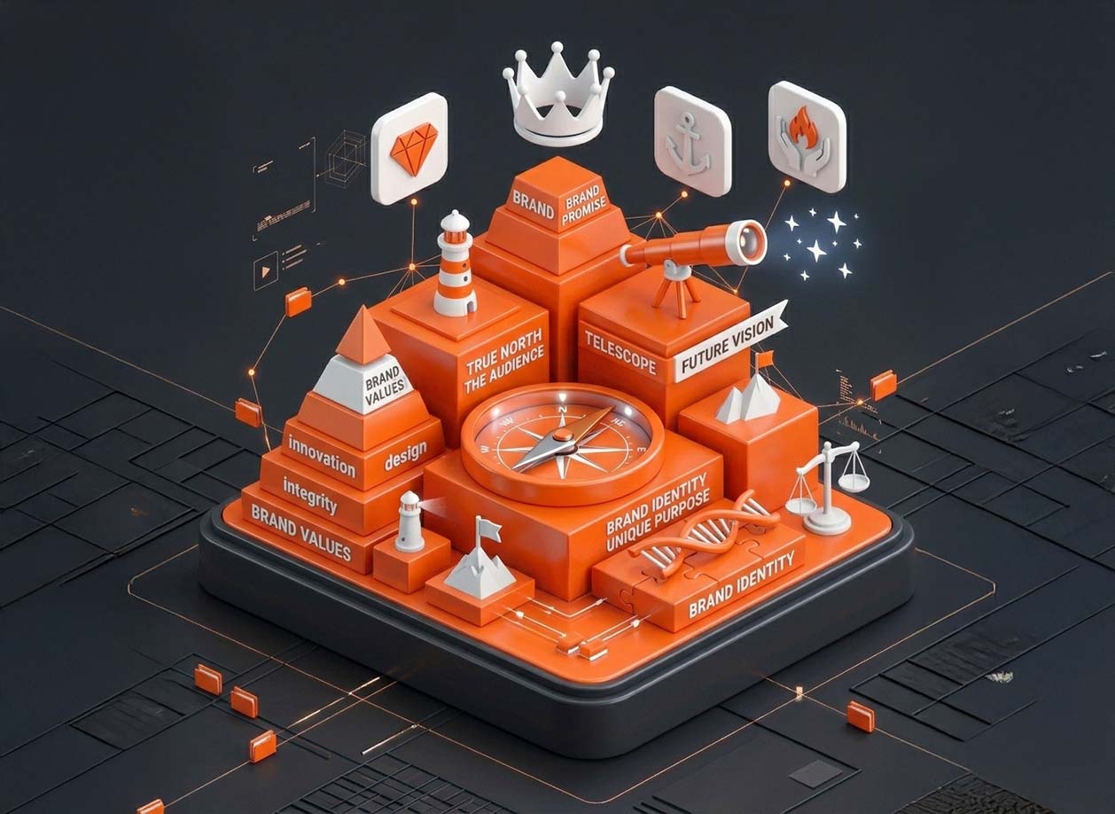 Brand positioning framework with compass, values, identity and future vision elements