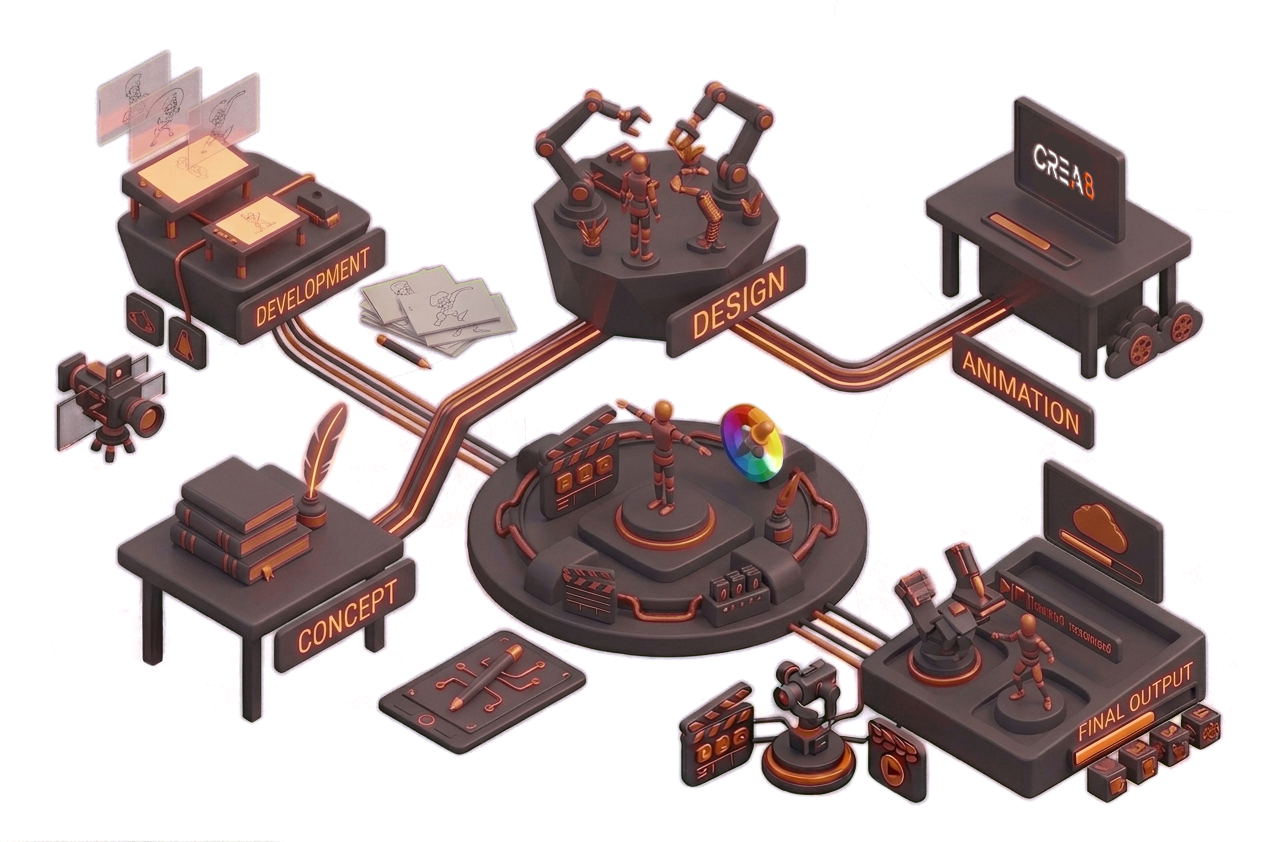 2D and 3D animation production process from concept and character design to animation development and final content delivery.