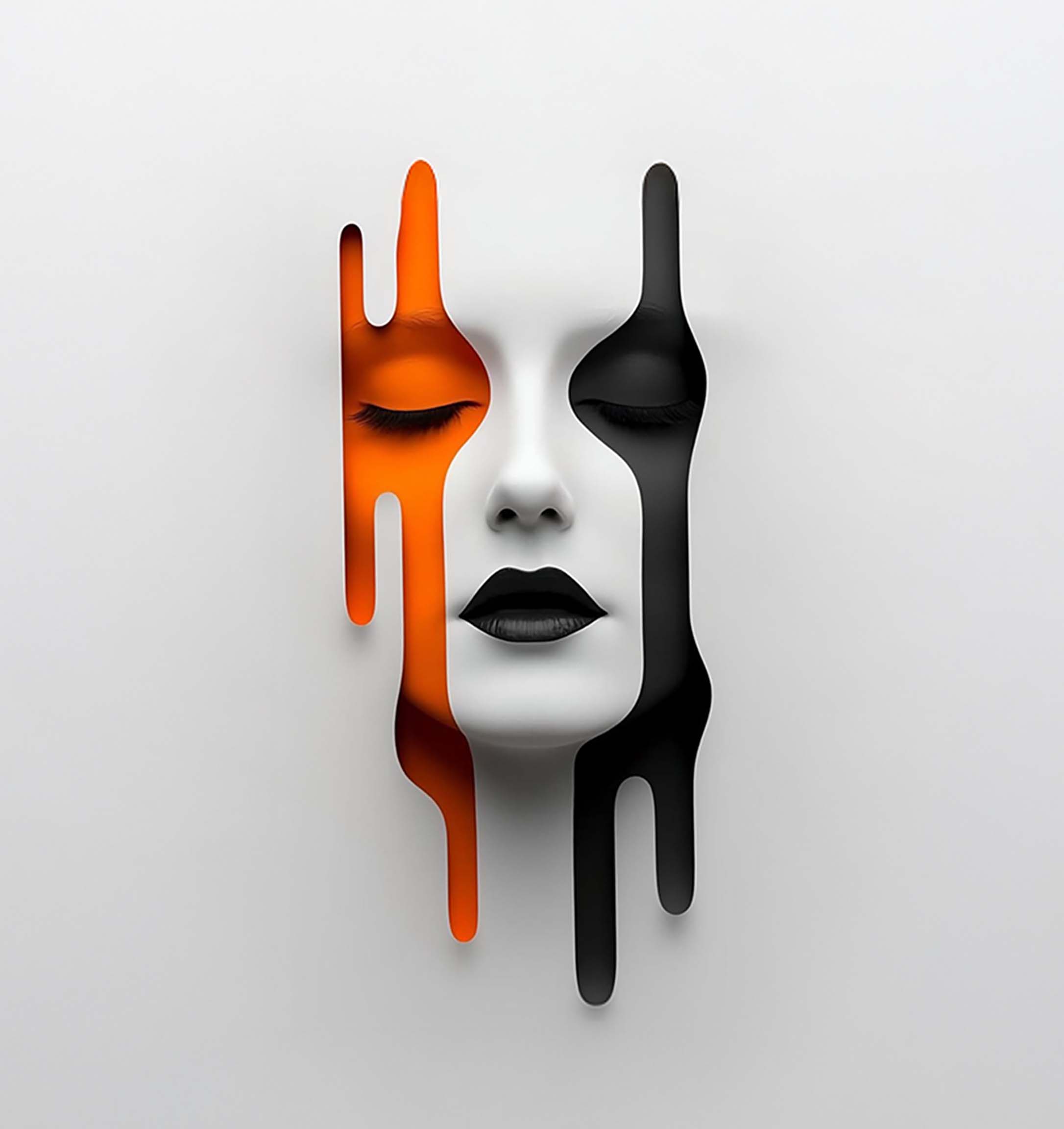 Modern abstract portrait blending orange and black elements, symbolizing creative identity, innovation and artistic expression.