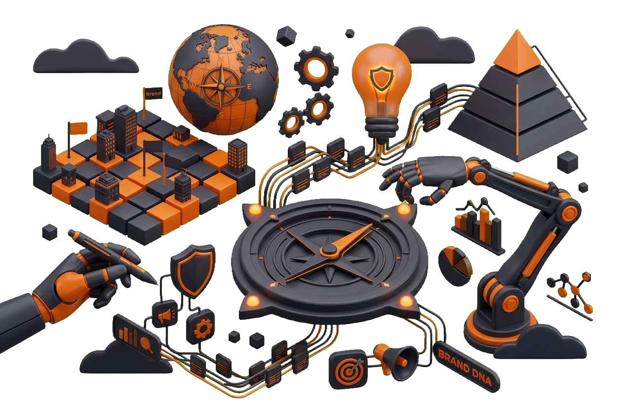 Brand positioning and strategy framework illustrating market research, brand identity development, audience alignment and business growth.