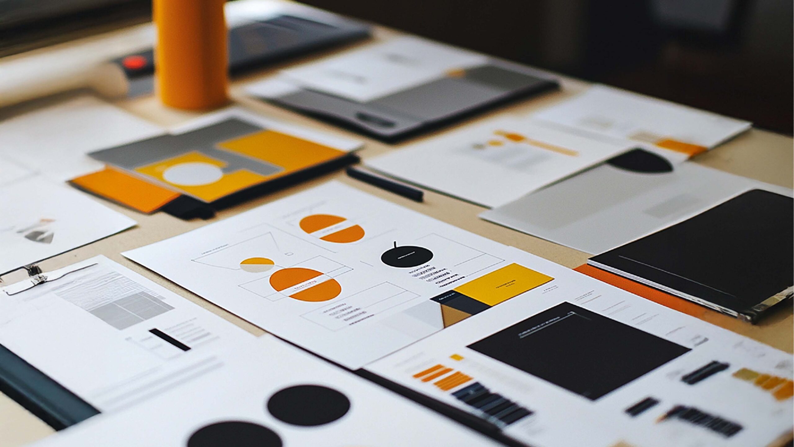 Brand architecture materials and visual system documents arranged on a desk