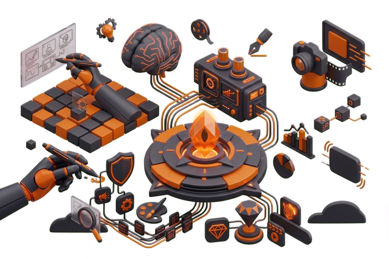 Creative development workflow showcasing idea generation, design thinking, innovation, branding and visual content creation.
