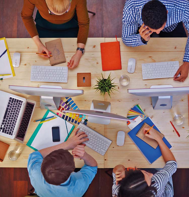 Creative team collaborating on design concepts and brand assets