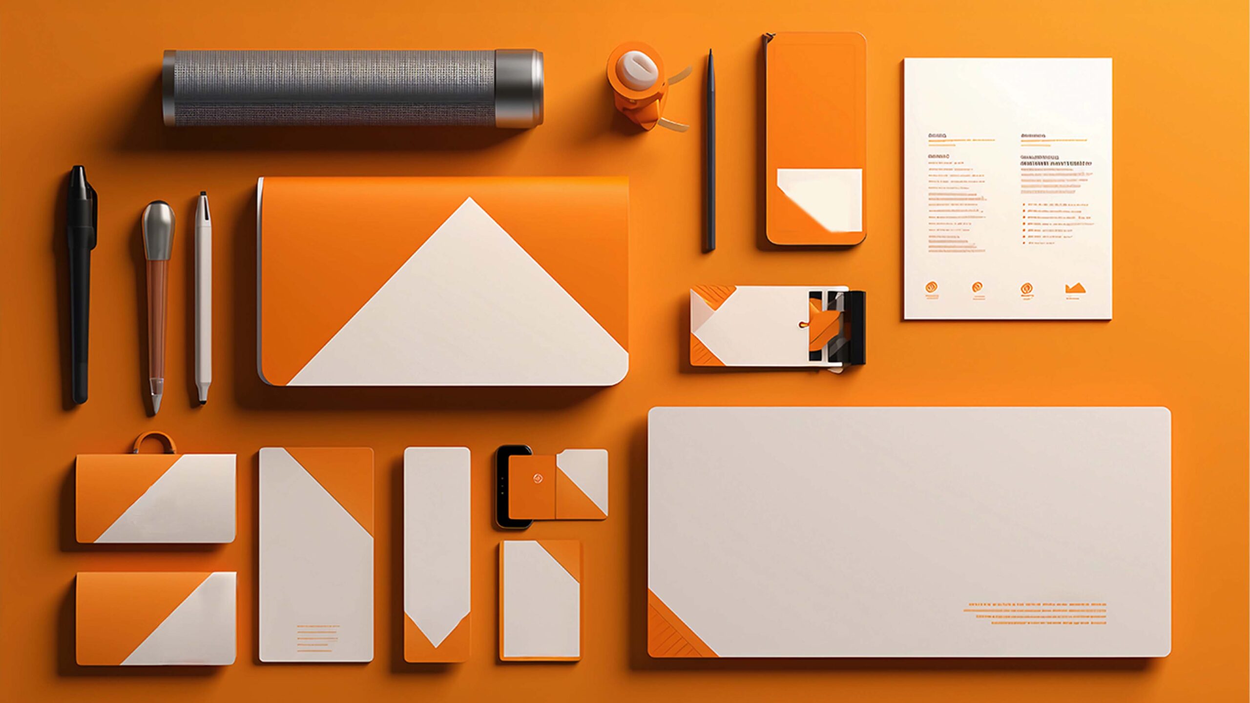 Visual identity system with branded stationery and orange design elements