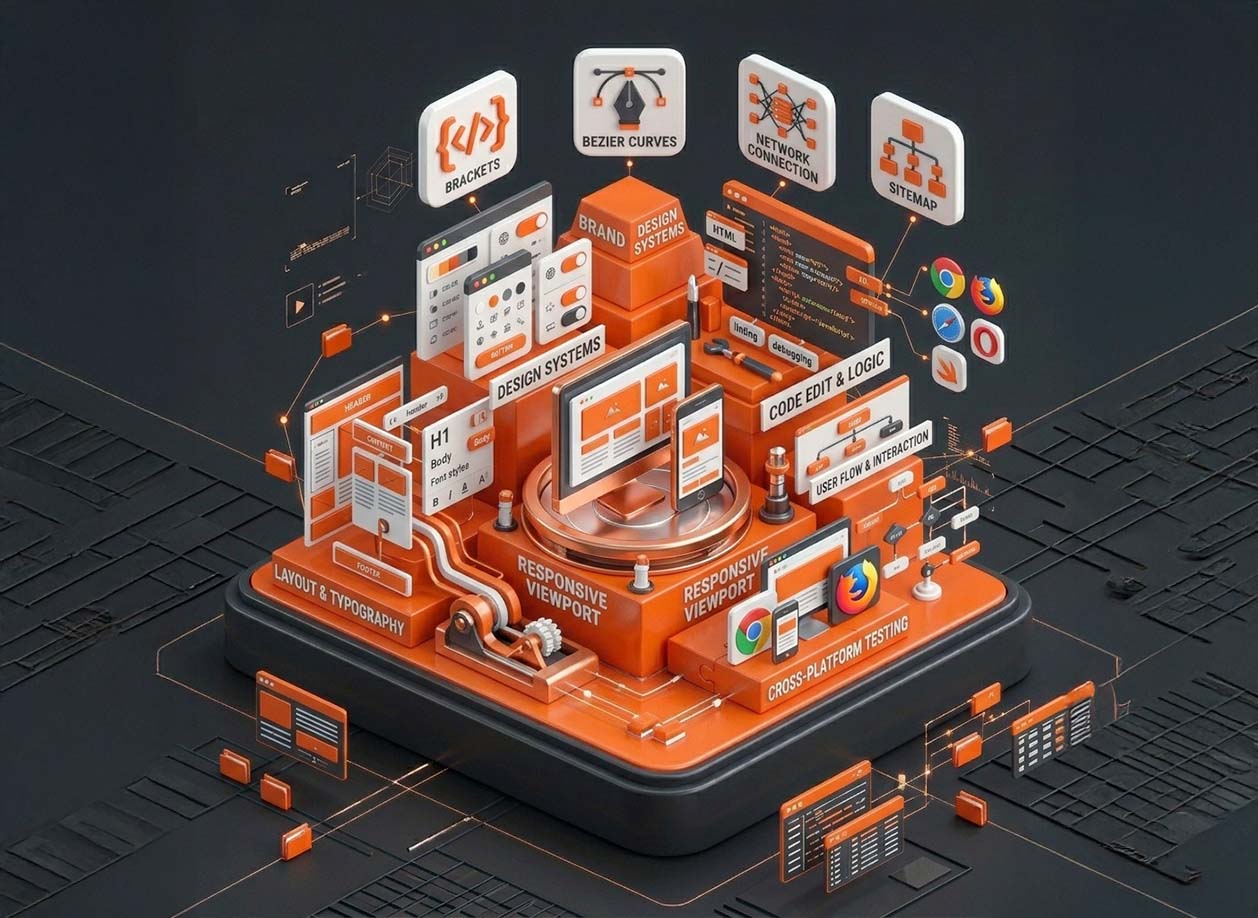 Creative web design system showing responsive layouts, UX elements and development logic