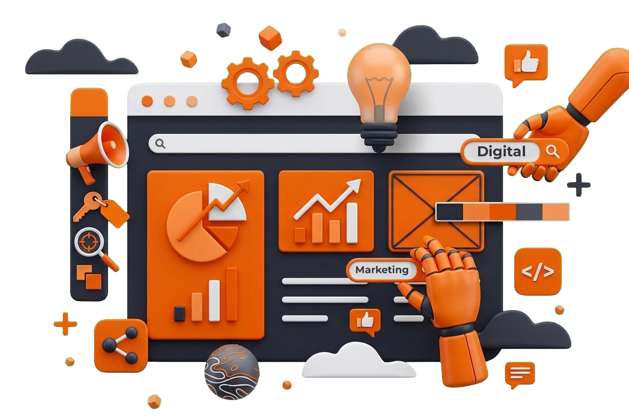 Digital marketing strategy featuring campaign optimization, analytics reporting, SEO, audience engagement and performance marketing.