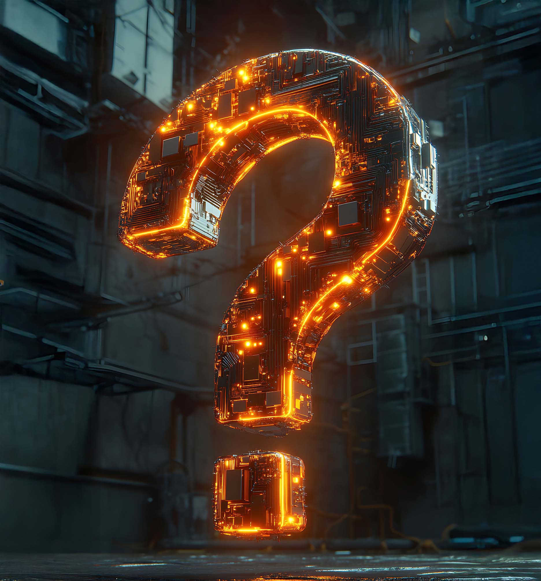 Futuristic illuminated question mark representing expert answers and strategic guidance