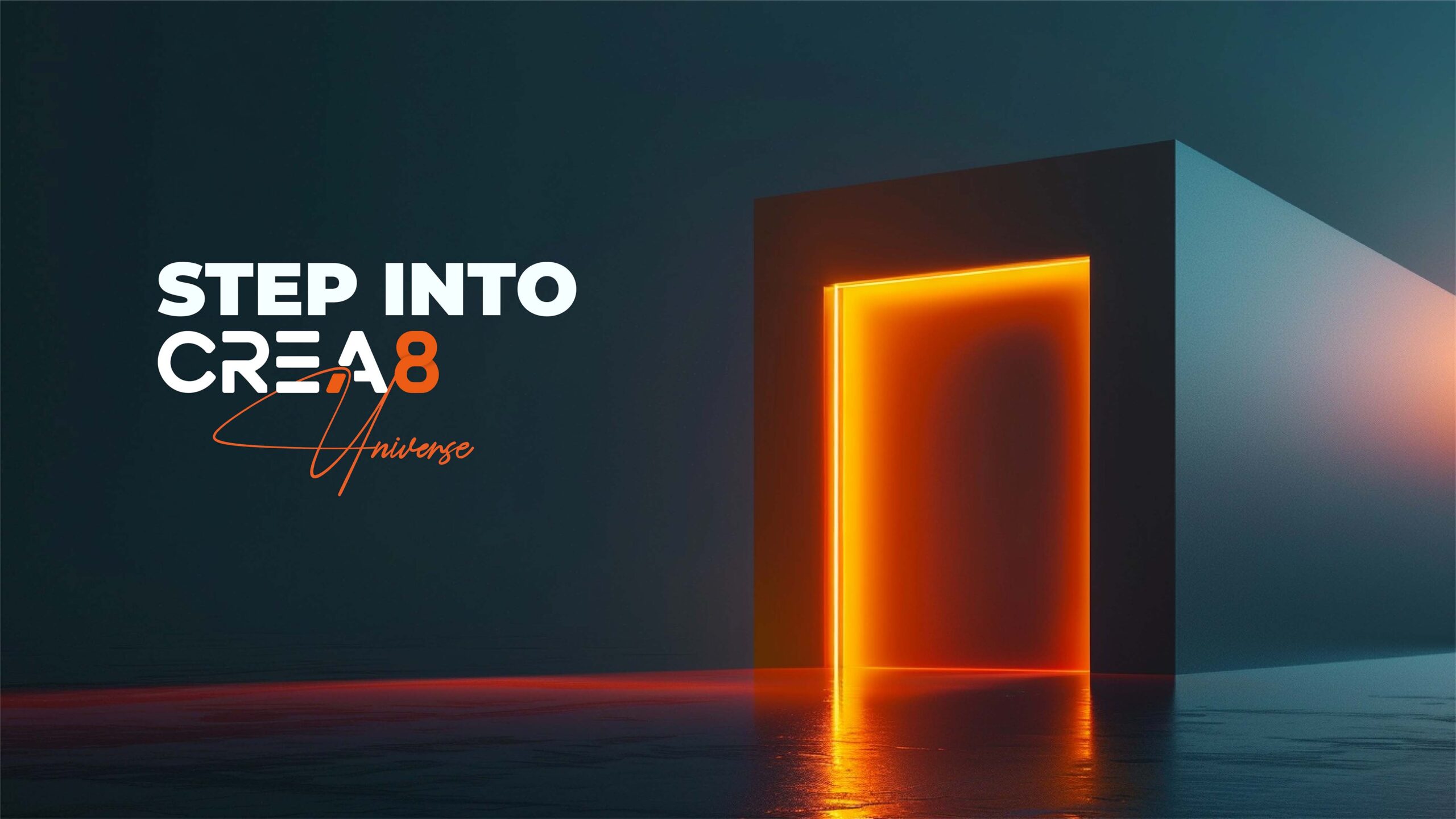 Step into the CREA8 universe brand hero with illuminated orange gateway