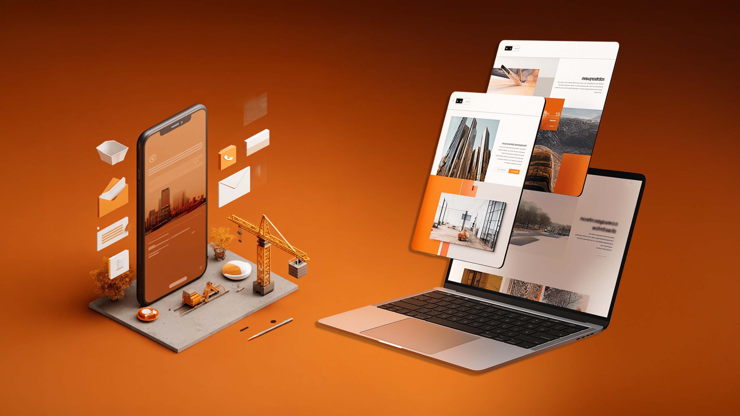 Web and mobile app development with responsive website screens and mobile interface