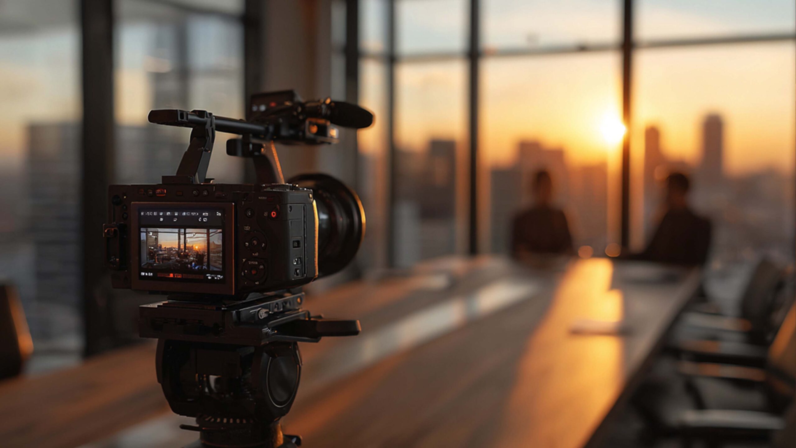 Corporate videography production with cinema camera filming in a boardroom
