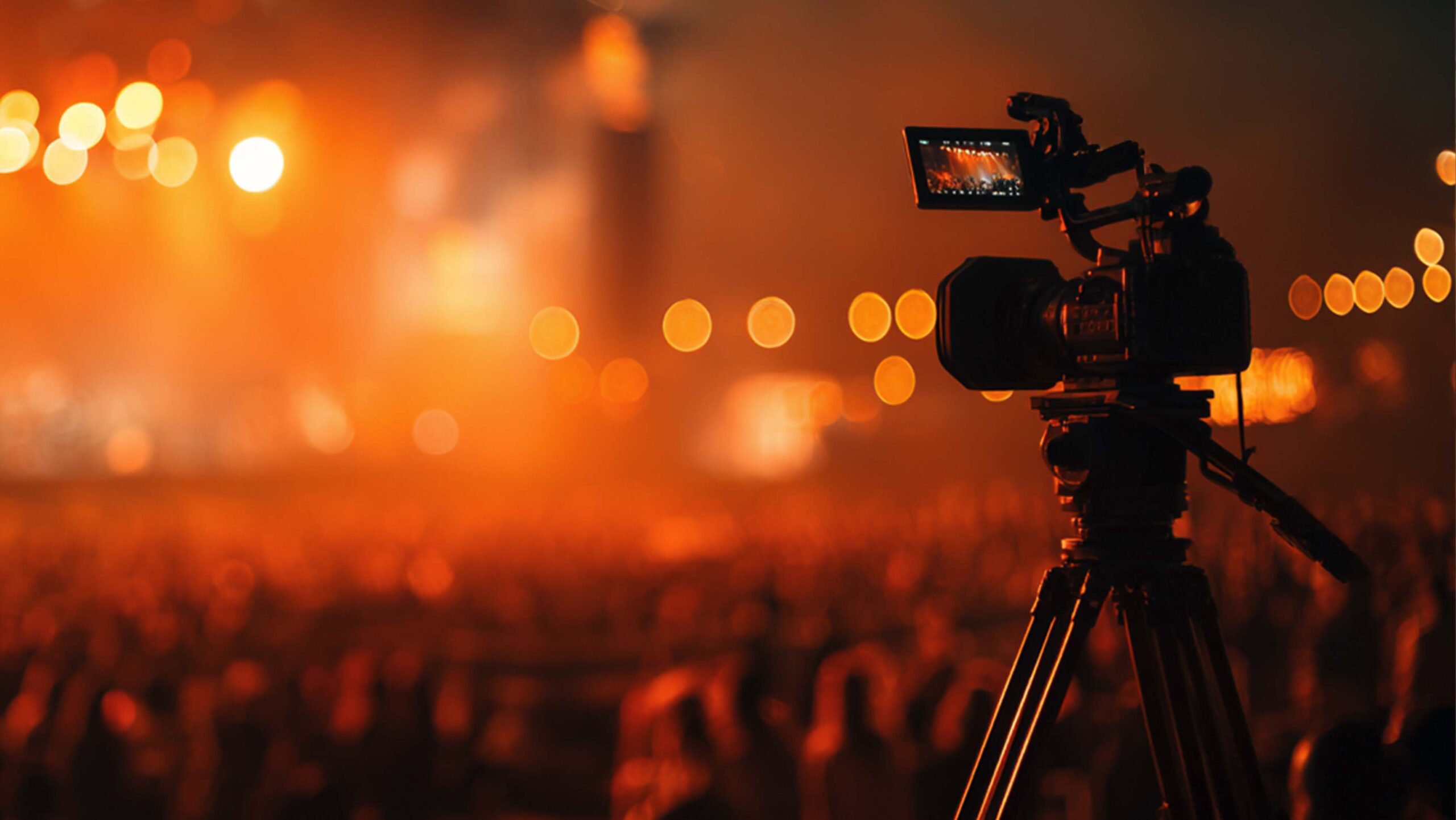 Event coverage camera recording live audience and stage lighting