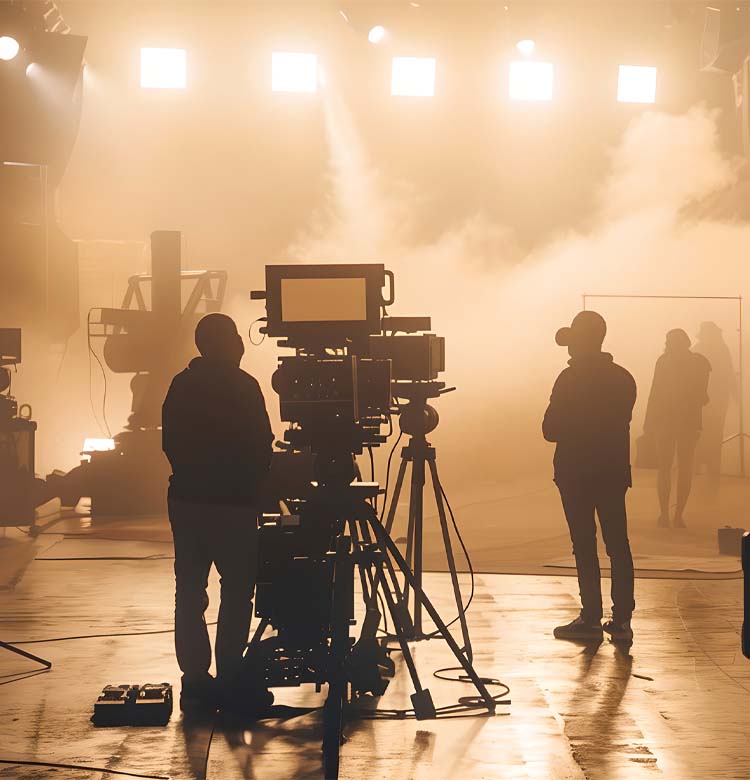 Film production crew operating professional camera equipment in a studio