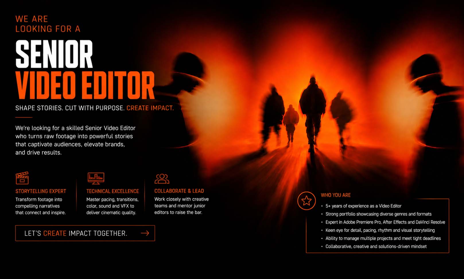 CREA8 Senior Video Editor career opportunity in UAE specializing in cinematic editing, storytelling, post-production and content creation.