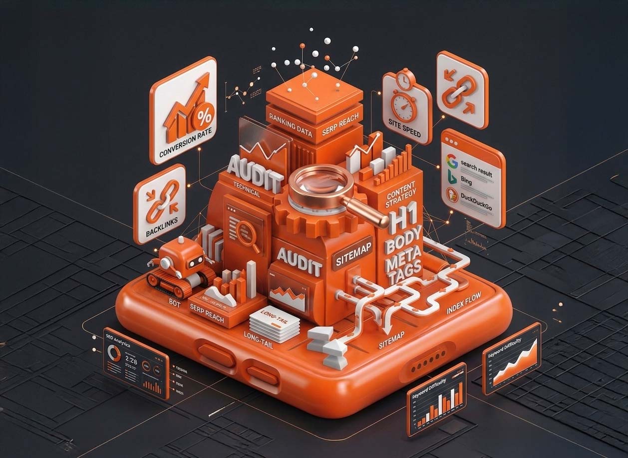 SEO optimization dashboard with audit, sitemap, backlinks and search performance data