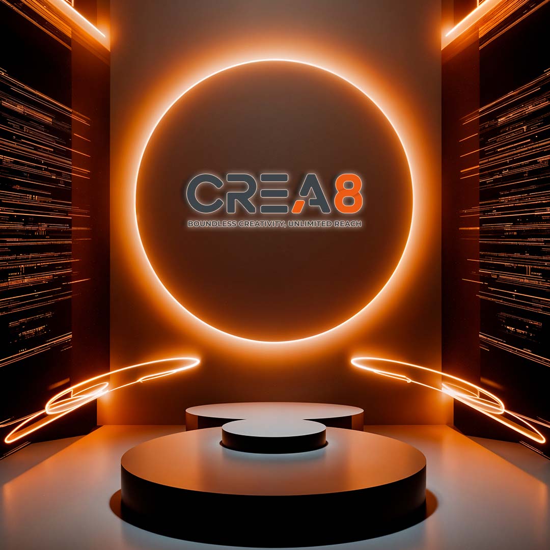 CREA8 branded social media post with glowing circular stage and agency logo