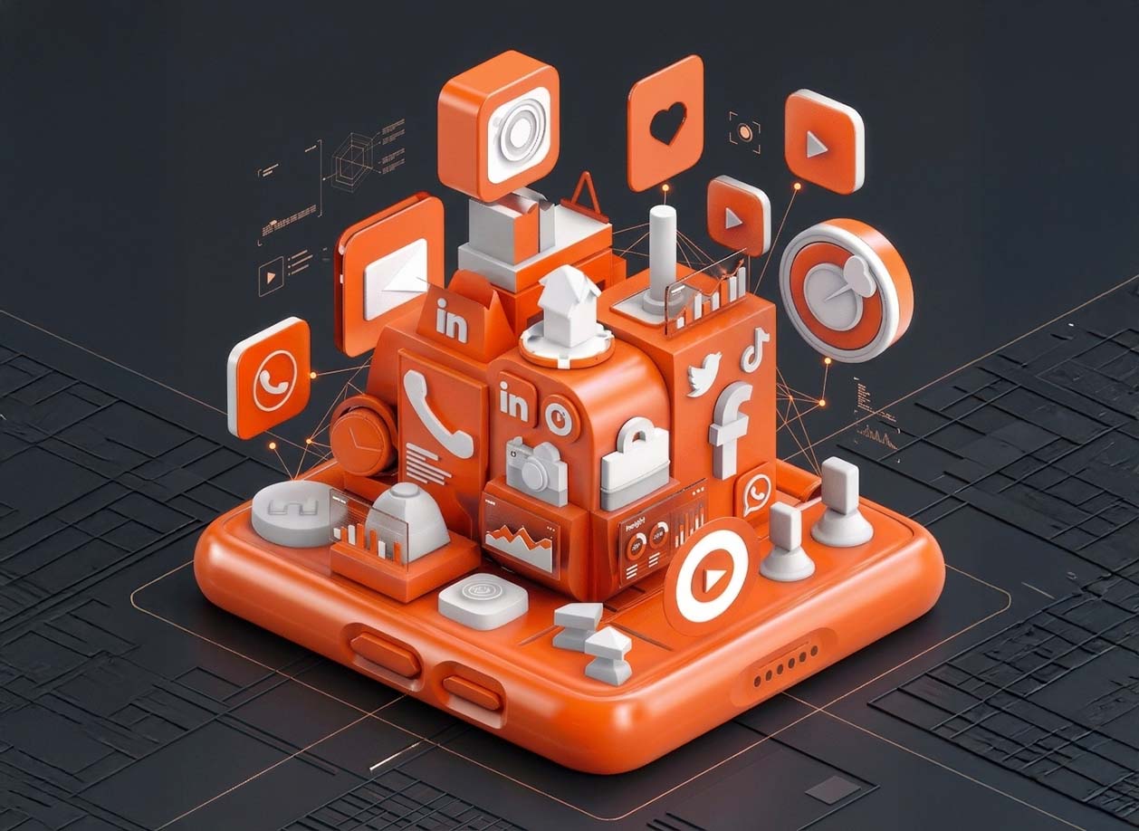 Social media strategy platform with digital content and audience engagement icons