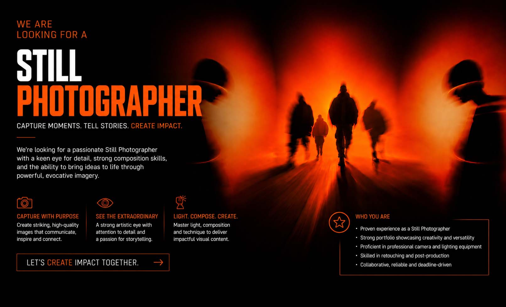 CREA8 Still Photographer career opportunity in UAE specializing in commercial photography, visual storytelling, creative imagery and brand content.
